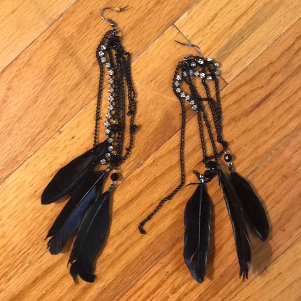 Black feathered rhinestone earrings